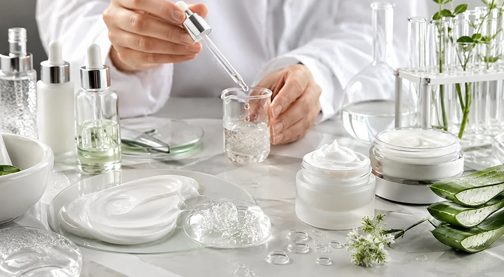 Scientist testing skincare formulations with test tubes, aloe leaves, and creams on a lab countertop.